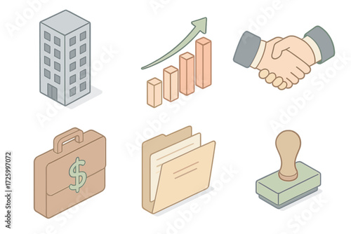 Business Loan Icons. Isometric vector illustration set of business loan icons: office building, bar chart growth, handshake, money