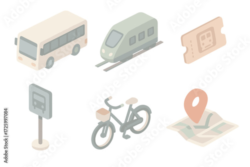 Transport Service Icons. Isometric vector illustration set of transport service icons: bus, train, subway ticket, bus stop sign,