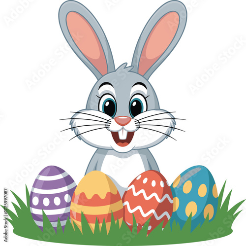 Cute easter bunny peeking over decorated eggs in green grass