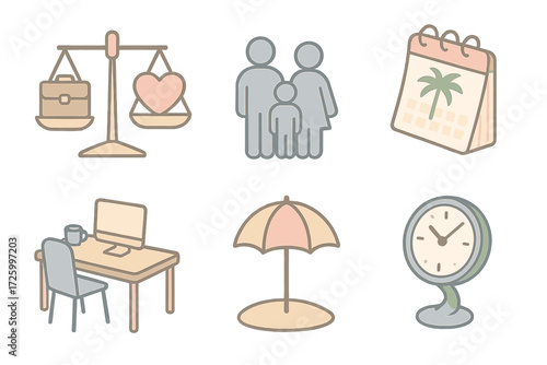 Work-Life Balance Icons. Isometric vector illustration set of work-life balance icons: scales with briefcase and heart, family