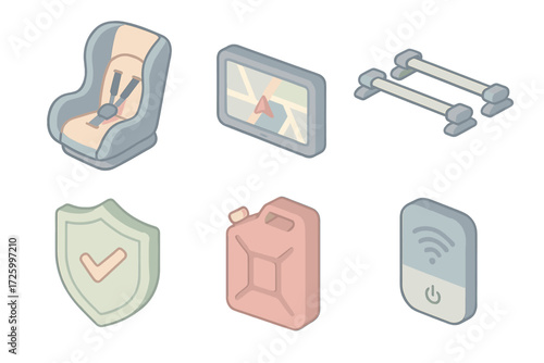 Rental Extras Icons. Isometric vector illustration set of rental extras icons: child safety seat, GPS navigator, roof rack,