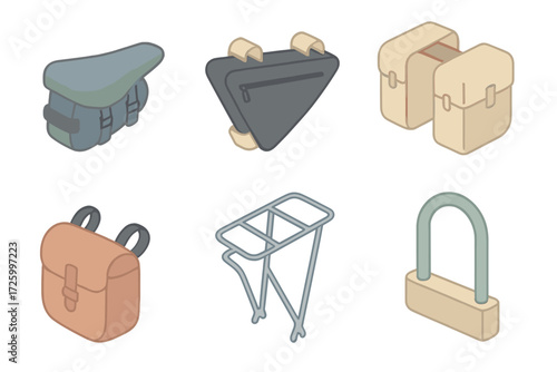 Cycling Bag Icons. Isometric vector illustration set of cycling storage icons: saddle bag, frame bag, panniers, handlebar bag,
