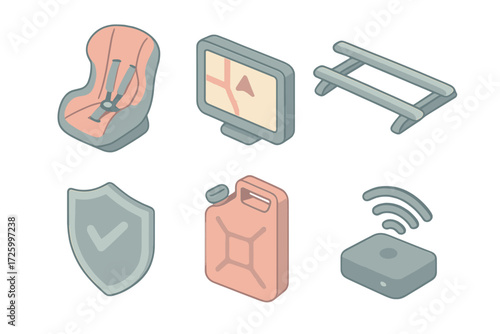 Rental Extras Icons. Isometric vector illustration set of rental extras icons: child safety seat, GPS navigator, roof rack,