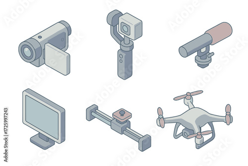 Video Gear Icons. Isometric vector illustration set of video recording gear icons: camcorder, gimbal stabilizer, external