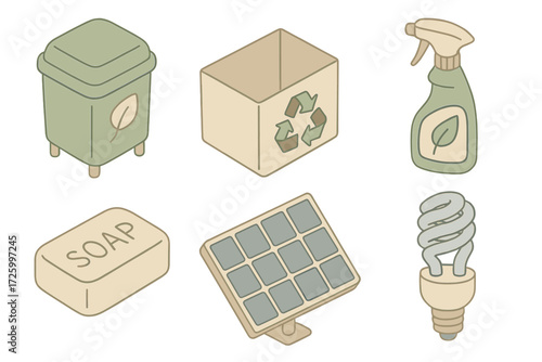 Eco Household Icons. Isometric vector illustration set of eco-friendly household icons: compost bin, recycling box, eco cleaning