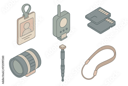 Event Photography Tools. Isometric vector illustration set of event photography icons: press pass, wireless flash trigger, extra