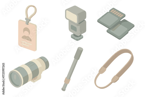Event Photography Tools. Isometric vector illustration set of event photography icons: press pass, wireless flash trigger, extra