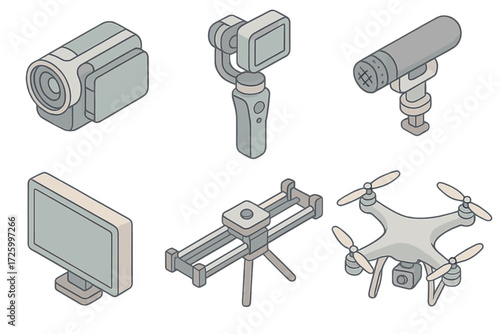 Video Gear Icons. Isometric vector illustration set of video recording gear icons: camcorder, gimbal stabilizer, external