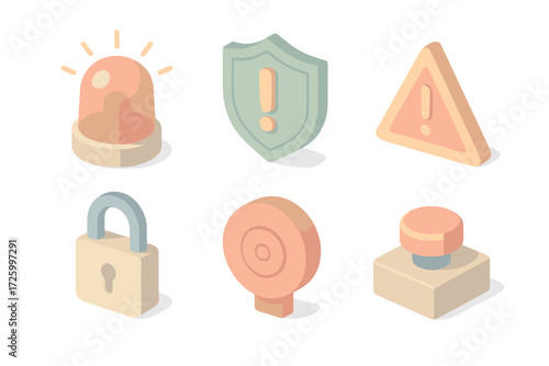 Safety Warning Icons. Isometric vector illustration set of safety and warning icons: siren alarm, shield with exclamation, warning