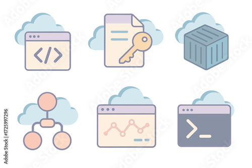 Cloud Developer Tool Icons. Isometric vector illustration set of cloud developer tools icons: code window, API key, container