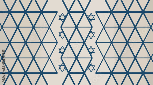 Geometric arrangement of blue triangles and stars of david on a light background creating a pattern