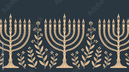 Decorative hanukkah menorah pattern with candles and foliage on a dark blue background in a seamless design