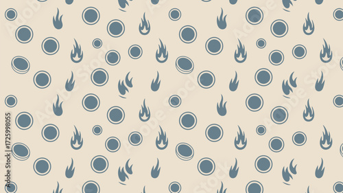 A repeating pattern of blue circles and stylized flames on a light beige background creating a wallpaper