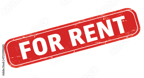 A red rectangular sign with the words "FOR RENT" printed in white, angled slightly on a white background.