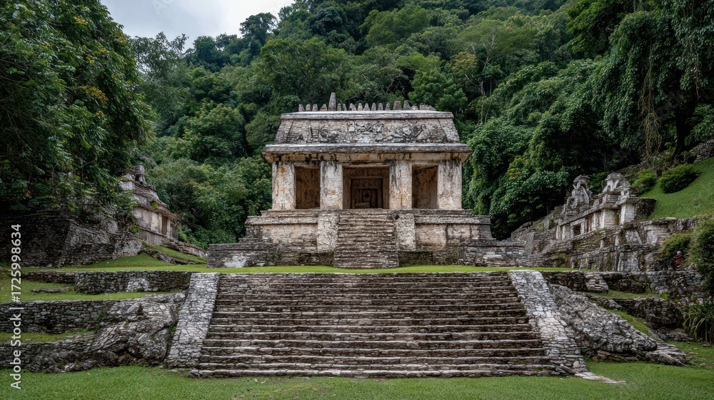 Naklejka premium Ancient stone temple complex, overgrown with lush greenery, displays intricate architecture and historical significance.