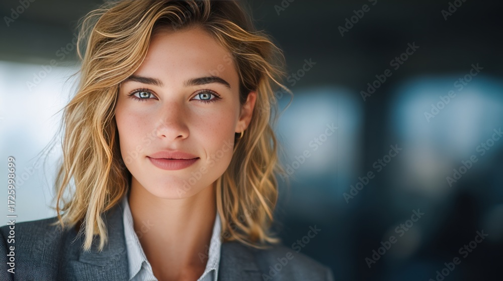 Obraz premium Confident Young Woman in Professional Attire with Natural Beauty and Soft Lighting
