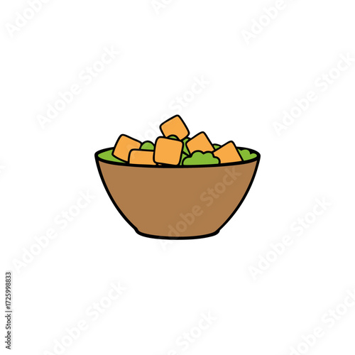 Bowl of food with cubes and green ingredients isolated on transparent background