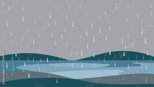 Stylized illustration of rain falling over hills and a lake