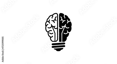 A graphic of a brain shaped like a lightbulb split in half with different shading on each side