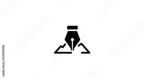 Illustration of a black fountain pen nib between two mountains in a simple graphic design style