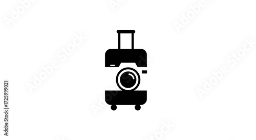 A black and white graphic of a suitcase with a camera lens in the center of the suitcase body design