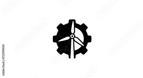 Illustration of a black gear with a wind turbine inside, symbolizing renewable energy technology