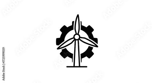 Illustration of a wind turbine with three blades set against a gear wheel in black and white style