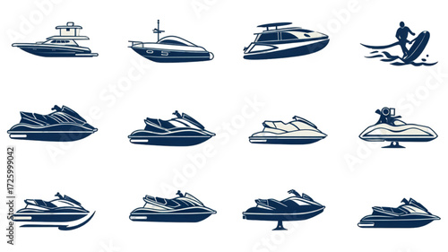 Set of modern water transport illustrations including yachts and jet skis.
