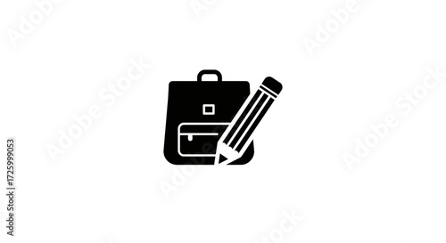 Illustration of a black backpack with a pocket and a pencil leaning against it in a simple style