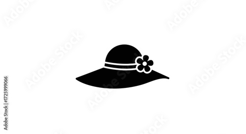 Illustration of a black sun hat with a flower and a band around the crown on a white background