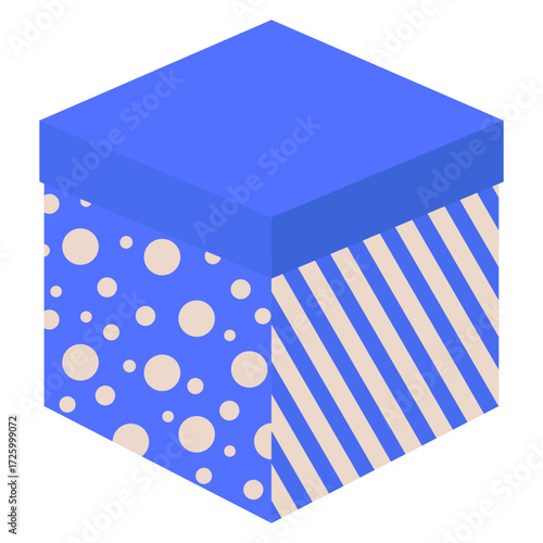 Blue square gift box with white patterns on the packaging. Polka dots of varying sizes and diagonal stripes adorn the sides of the paper packaging. Isolated vector cardboard surprise, front view.