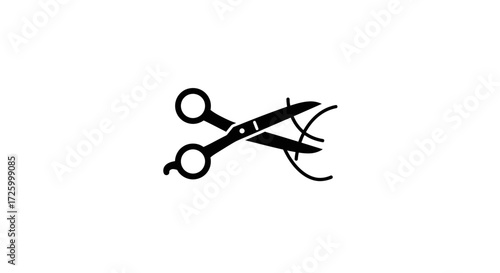 An illustration of a pair of black scissors cutting through a few strands of hair on a white background