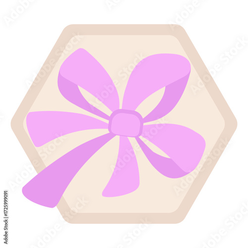 Festive hexagonal gift box decorated with a purple satin bow. Top view. Light-colored insulated paper packaging lid. Delicate wedding design. Vector gift for birthdays, anniversaries, and New Years.