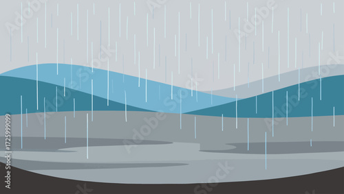 Abstract landscape with falling rain and wavy blue shapes