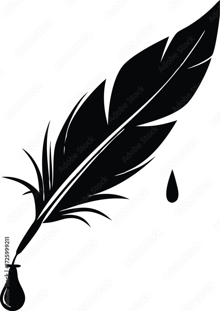Obraz premium Black silhouette of a quill pen with ink droplets falling