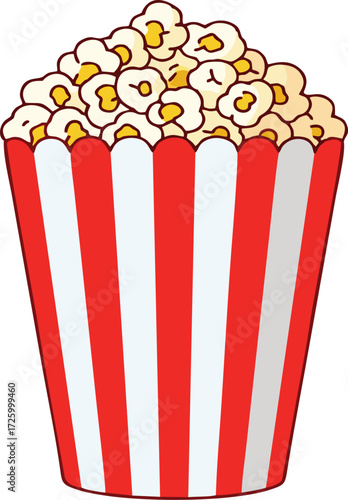 Cartoon illustration of a red and white striped bucket overflowing with freshly popped popcorn.