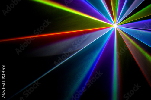 Real laser lights with colorful beams in smoke on black background – concert and party concept