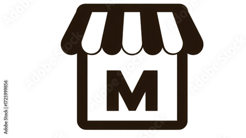 Minimalist storefront icon with letter M and striped awning.