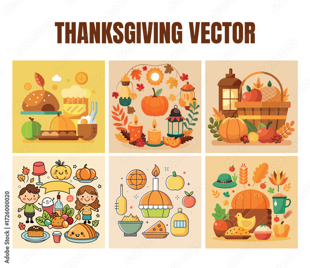 Fototapeta premium Vibrant thanksgiving icons and illustrations celebrating autumn harvest and festive family gatherings