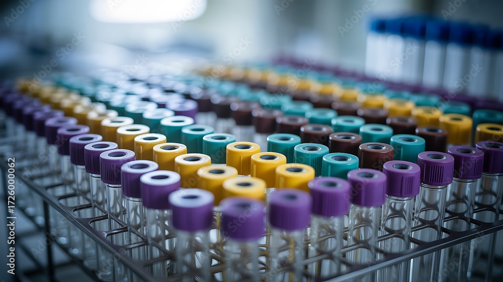 Fototapeta premium Rows of Colorful Medical Test Tubes in a Lab
