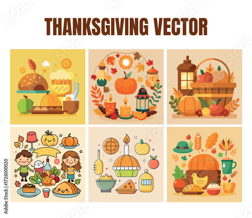 Vibrant thanksgiving icons and illustrations celebrating autumn harvest and festive family gatherings
