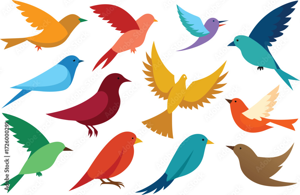 Fototapeta premium Diverse collection of 15 colorful vector bird illustrations scalable for design projects isolated on transparent background
