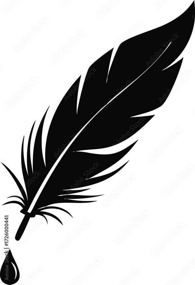 Fototapeta premium Elegant black feather silhouette with ink droplet for writing and art