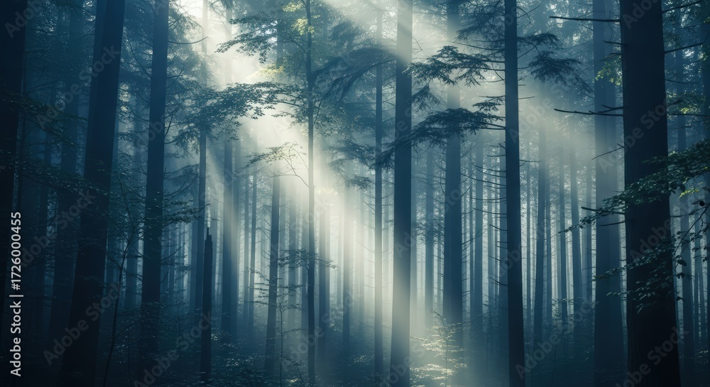 Obraz premium Mystical Forest Sunlight Piercing Through Trees