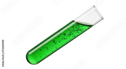 Close-up of a vibrant green liquid filled test tube with a metallic cap on a