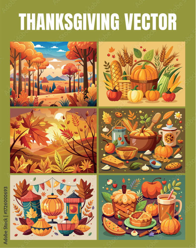 Obraz premium Collection of six vibrant thanksgiving illustrations featuring autumn harvest scenes pumpkins and festive food elements