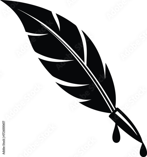 Silhouette of a quill pen dripping ink on a white background