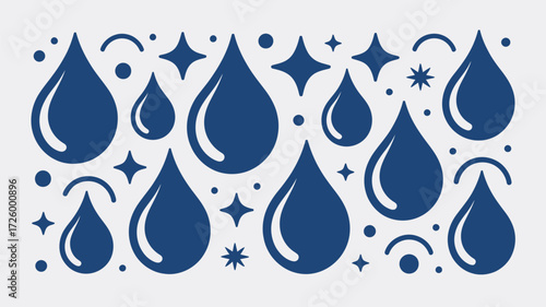 A repeating pattern of blue water droplets and stars on a light gray background in a simple design style