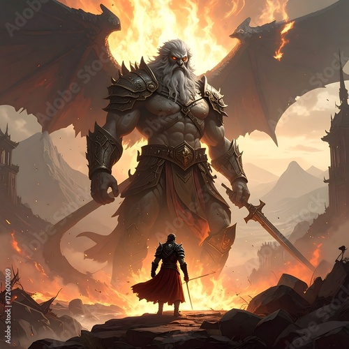 Giant, fiery creature confronts smaller figure amidst destruction