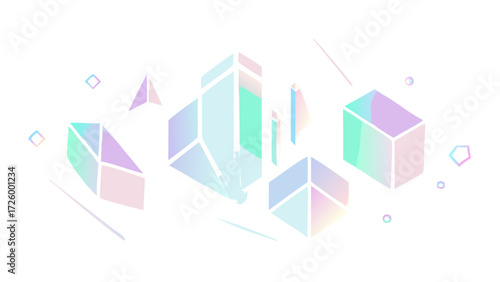 Isometric shapes holographic gradient background with geometric forms and pastel colors abstract design art 3d